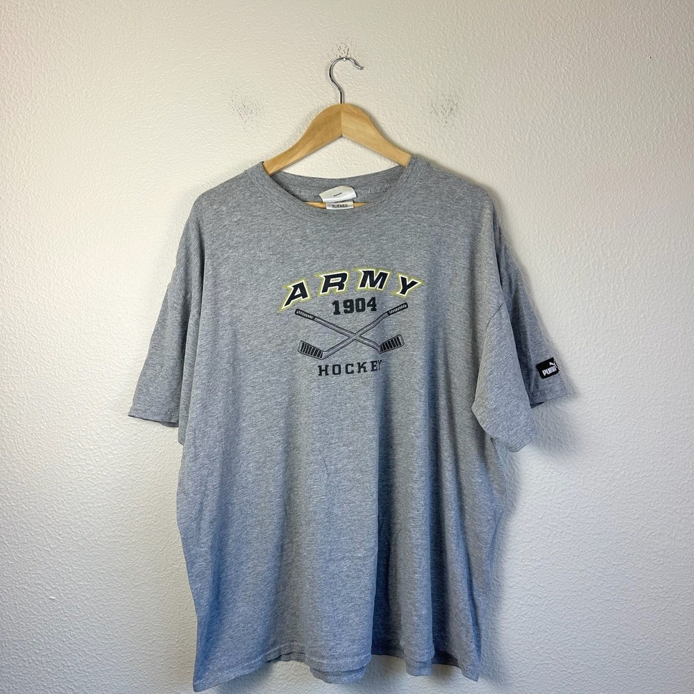 Vintage Y2K Puma Army Hockey T-Shirt Mens XL Gray Graphic Tee Short Sleeve
